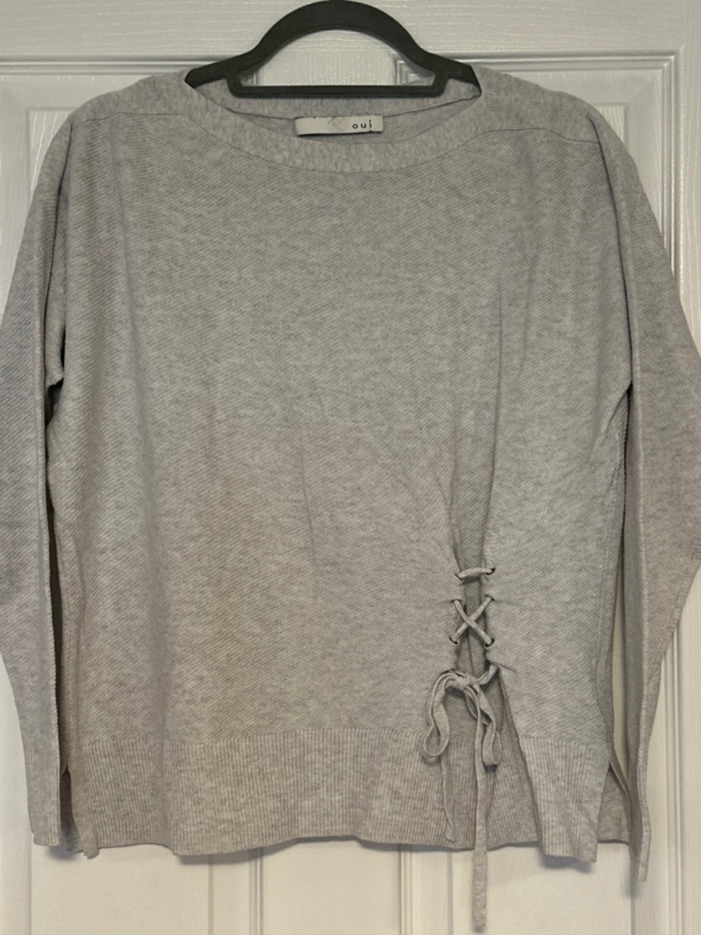 OUI European Chic Side-Tie Knit Sweater Gray Small Pullover Style 60670 Jumper